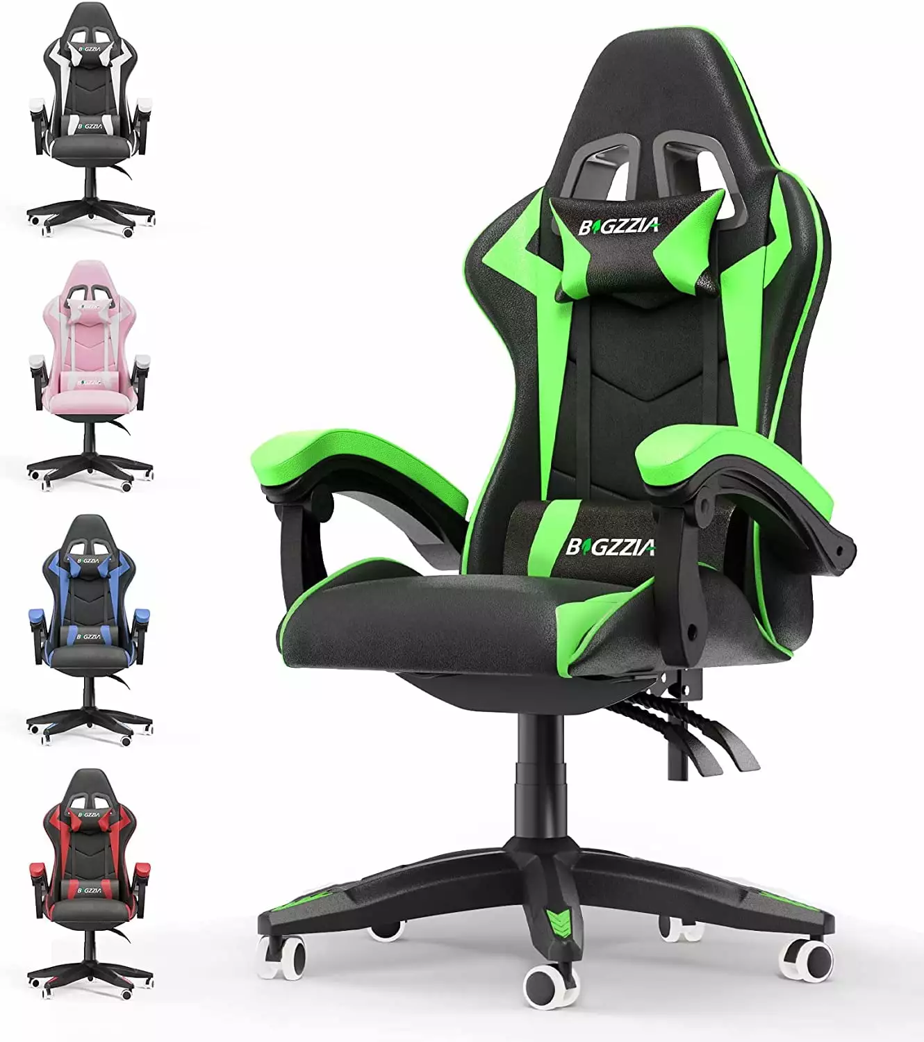 Green Gaming Racing Chair Headrest and Lumbar Support Reclining High Back PU Leather Office Chair FYB