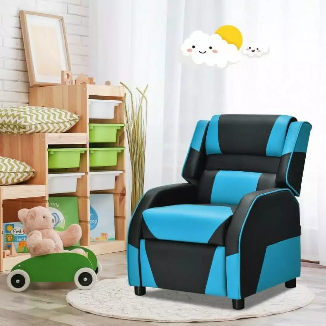 Kids Youth PU Leather Gaming Sofa Recliner Headrest and Footrest Blue Generic
