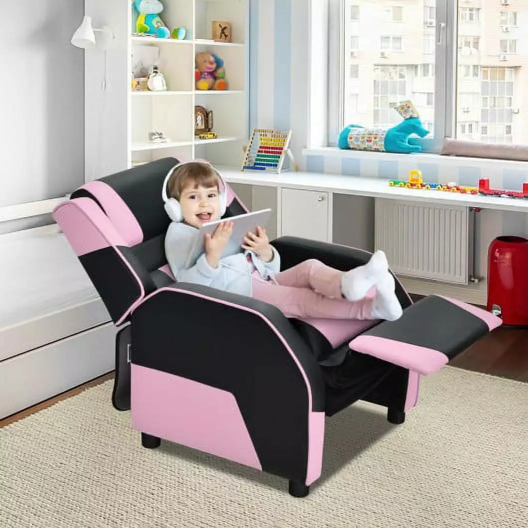 Kids Youth PU Leather Gaming Sofa Recliner Headrest and Footrest Pink Children's Gaming Chair Generic