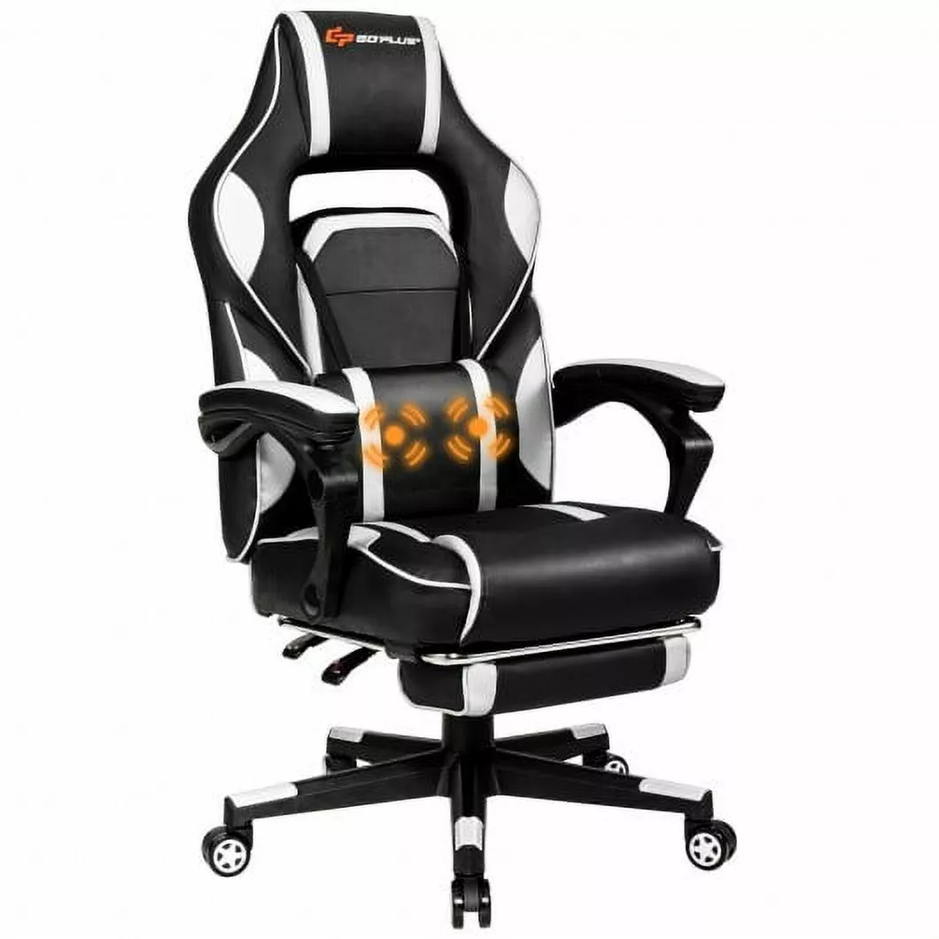 Massage Gaming Chair Footrest and Lumbar Support White Ergonomic Computer Chair Generic