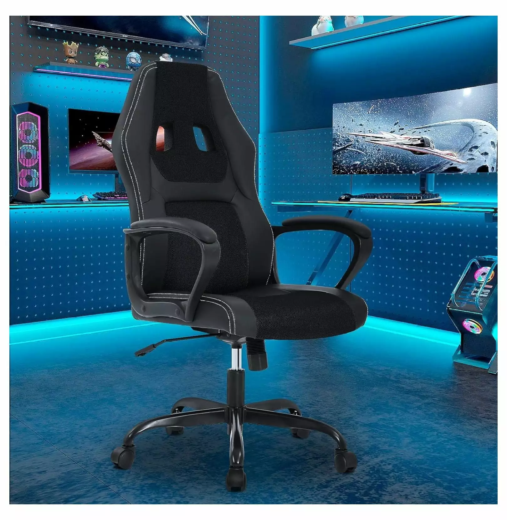 PC Gaming Chair Ergonomic Adjustable PU Leather Racing Desk Chair Lumbar Support Black han chong