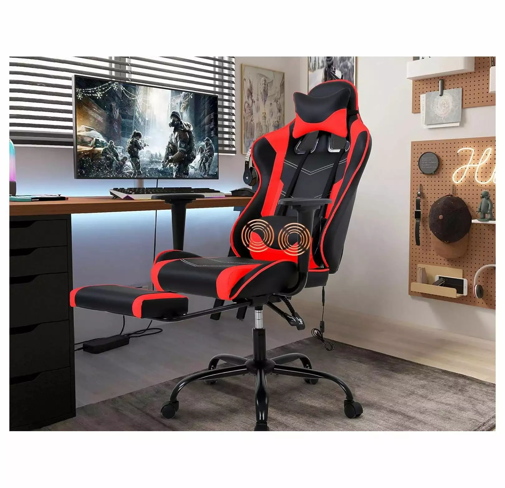 Gaming Chair Height Adjustable Swivel Rolling Chair Headrest Footrest Massage Lumbar Support PU High Back Ergonomic PC Cha...