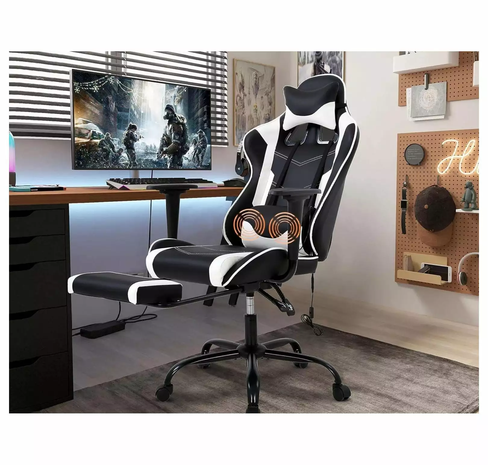 Gaming Chair Height Adjustable Swivel Rolling Chair Headrest Footrest Massage Lumbar Support PU High Back Ergonomic PC Cha...