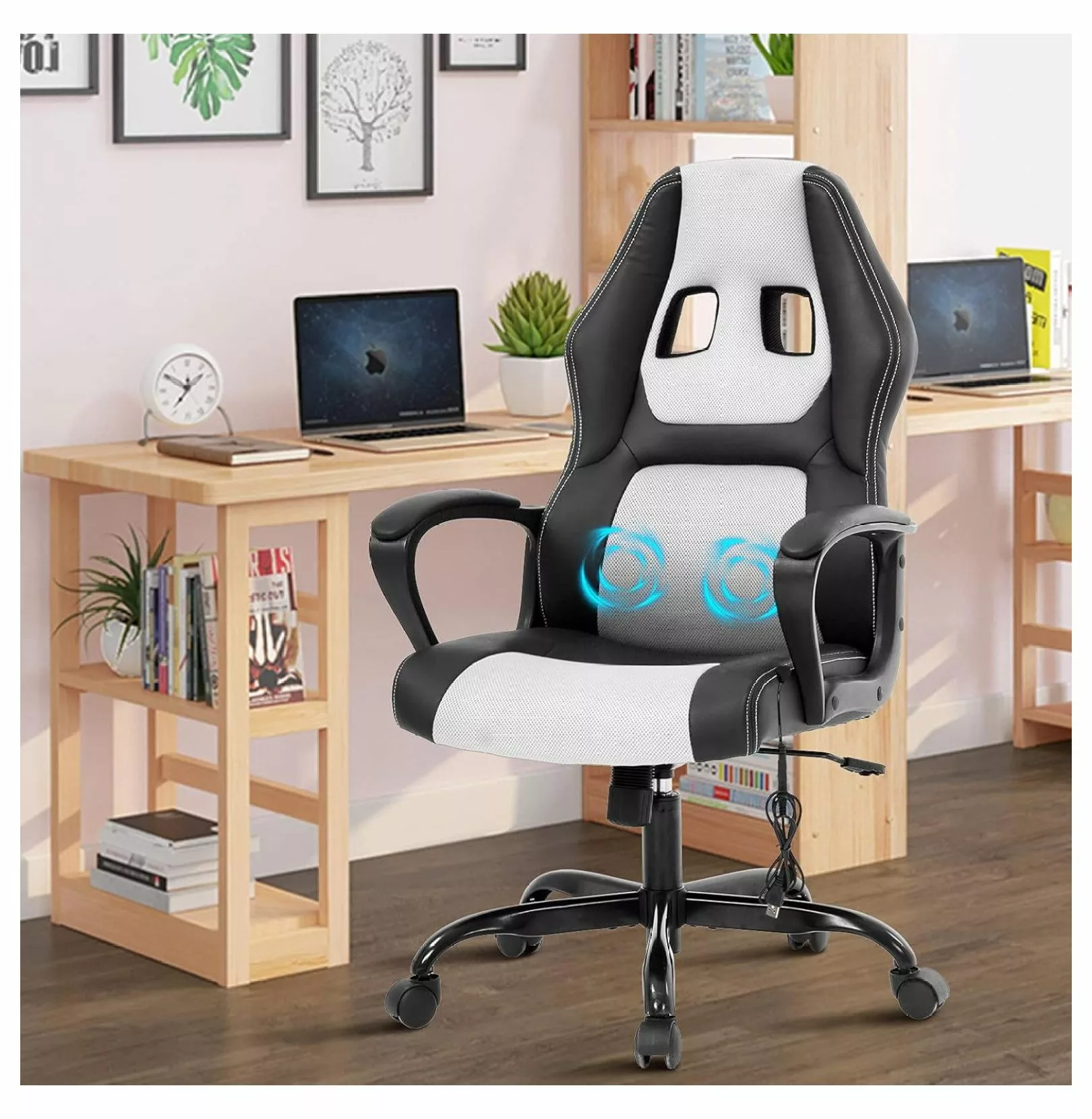 Gaming Chair Massage Office Lumbar Support Headrest Ergonomic Desk Padded Armrest White han chong