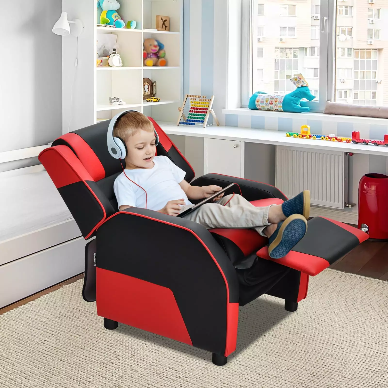 Infans Kids Youth Gaming Sofa Recliner Headrest and Footrest PU Leather Red