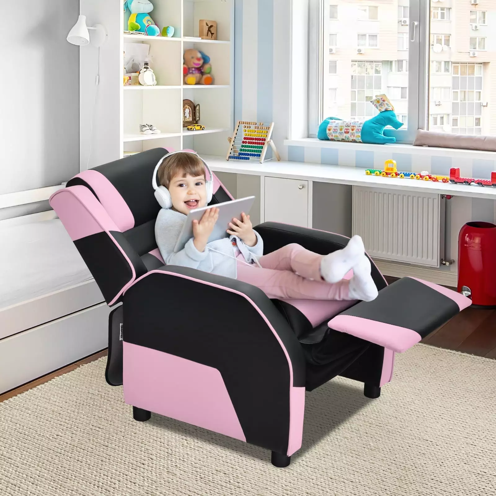 Infans Kids Youth Gaming Sofa Recliner Headrest and Footrest PU Leather Pink