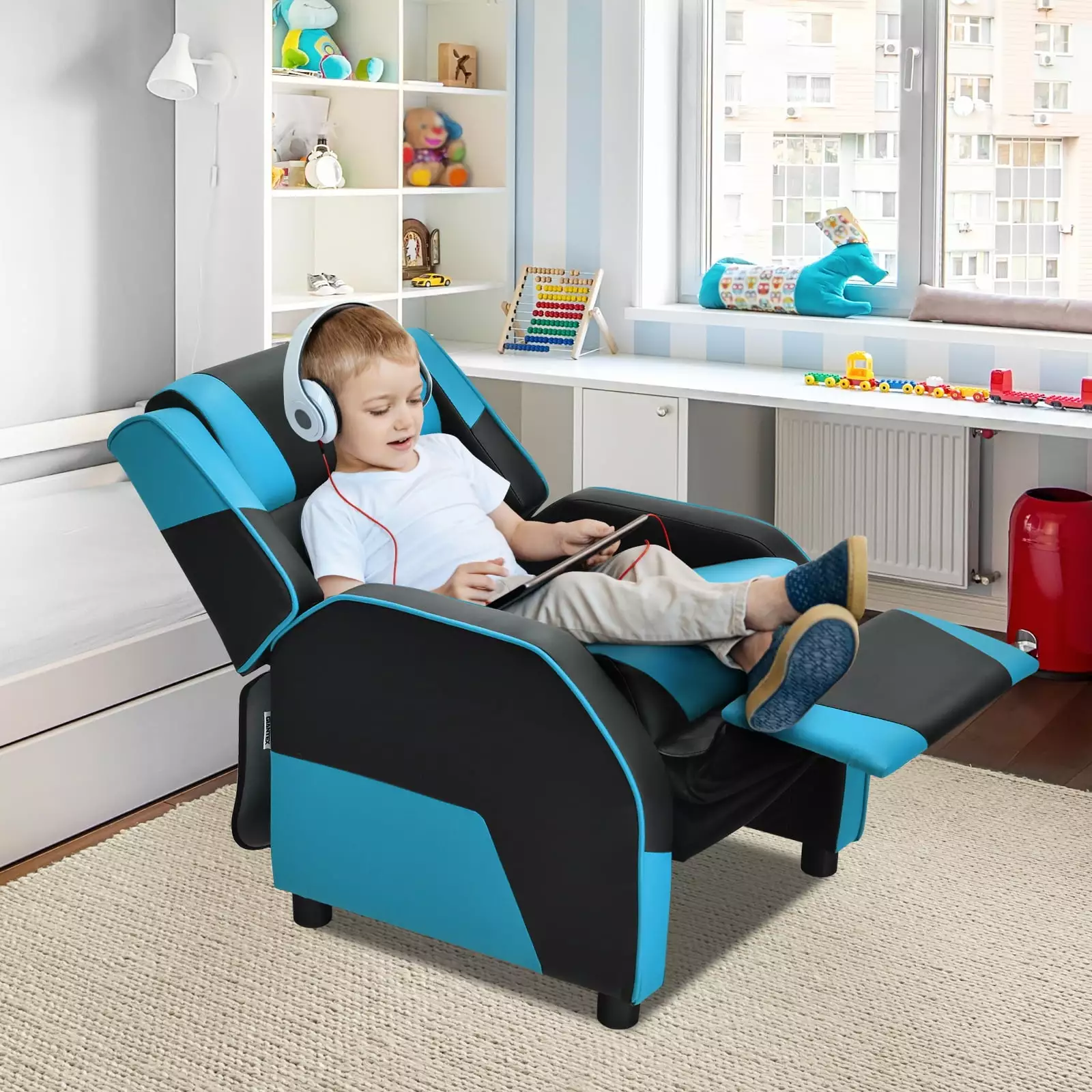 Infans Kids Youth Gaming Sofa Recliner Headrest and Footrest PU Leather Blue