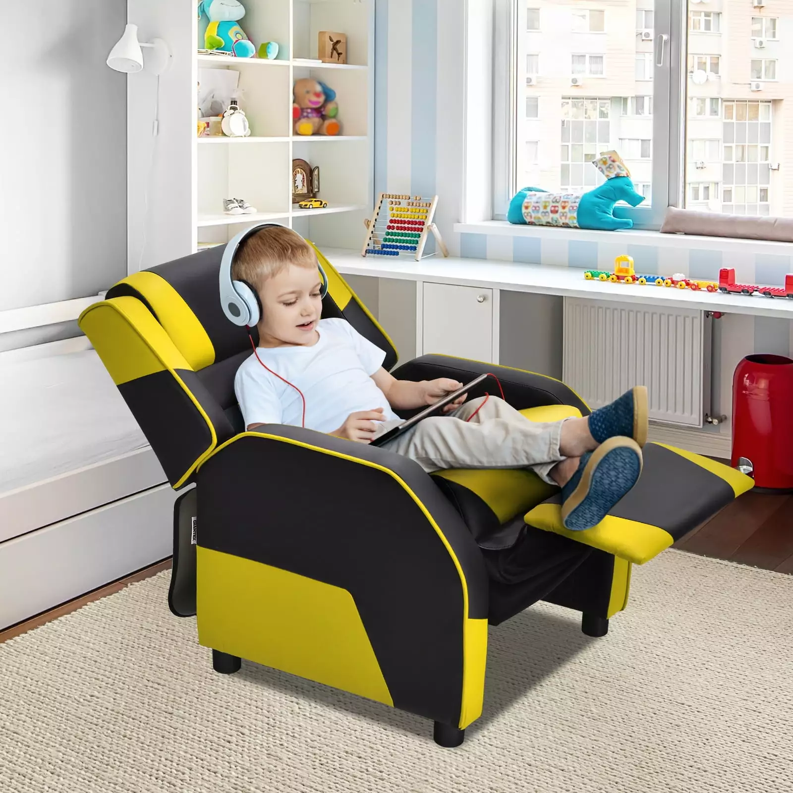 Infans Kids Youth Gaming Sofa Recliner Headrest and Footrest PU Leather Yellow
