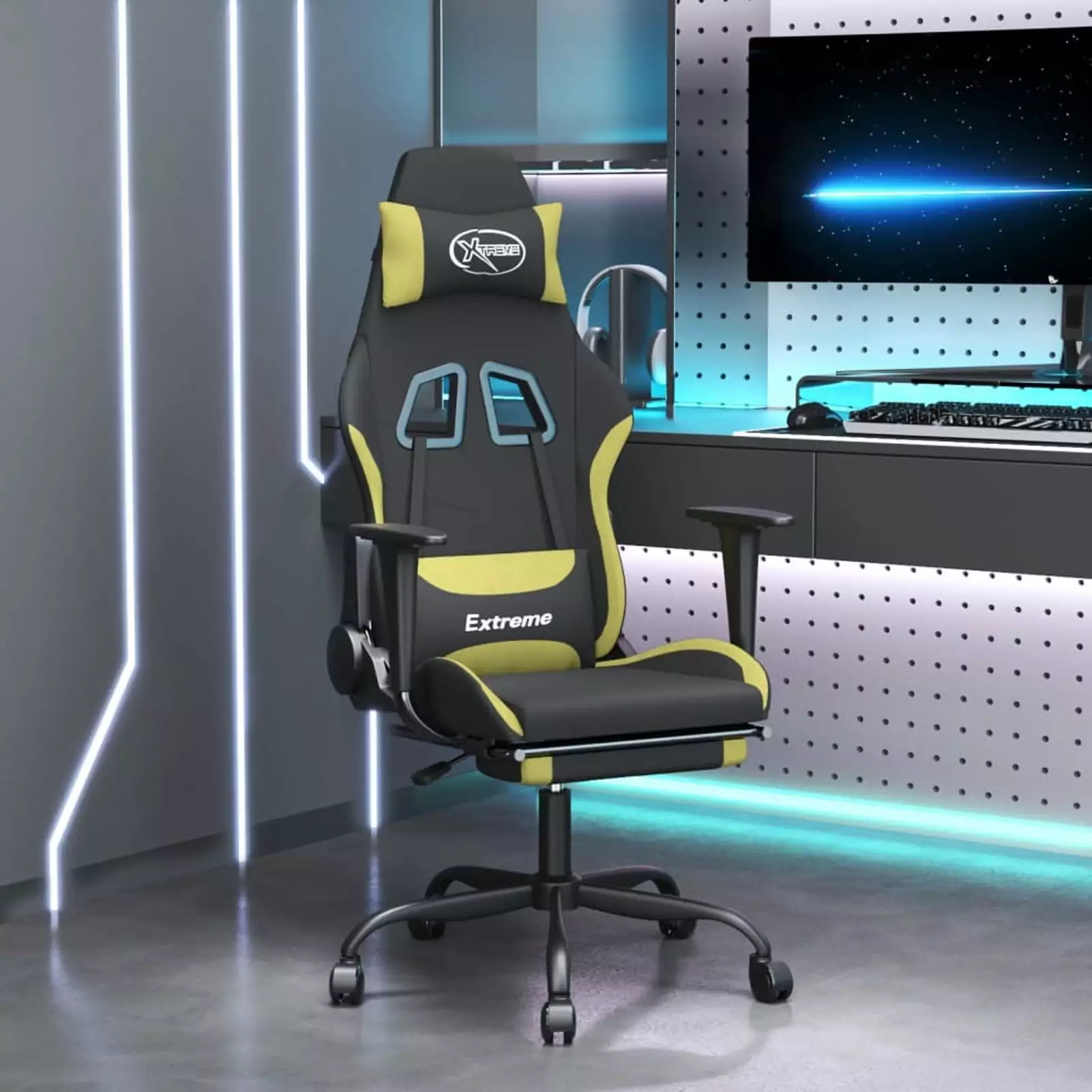 Irfora Gaming Chair Footrest Black and Green Fabric Ergonomic Computer Chair