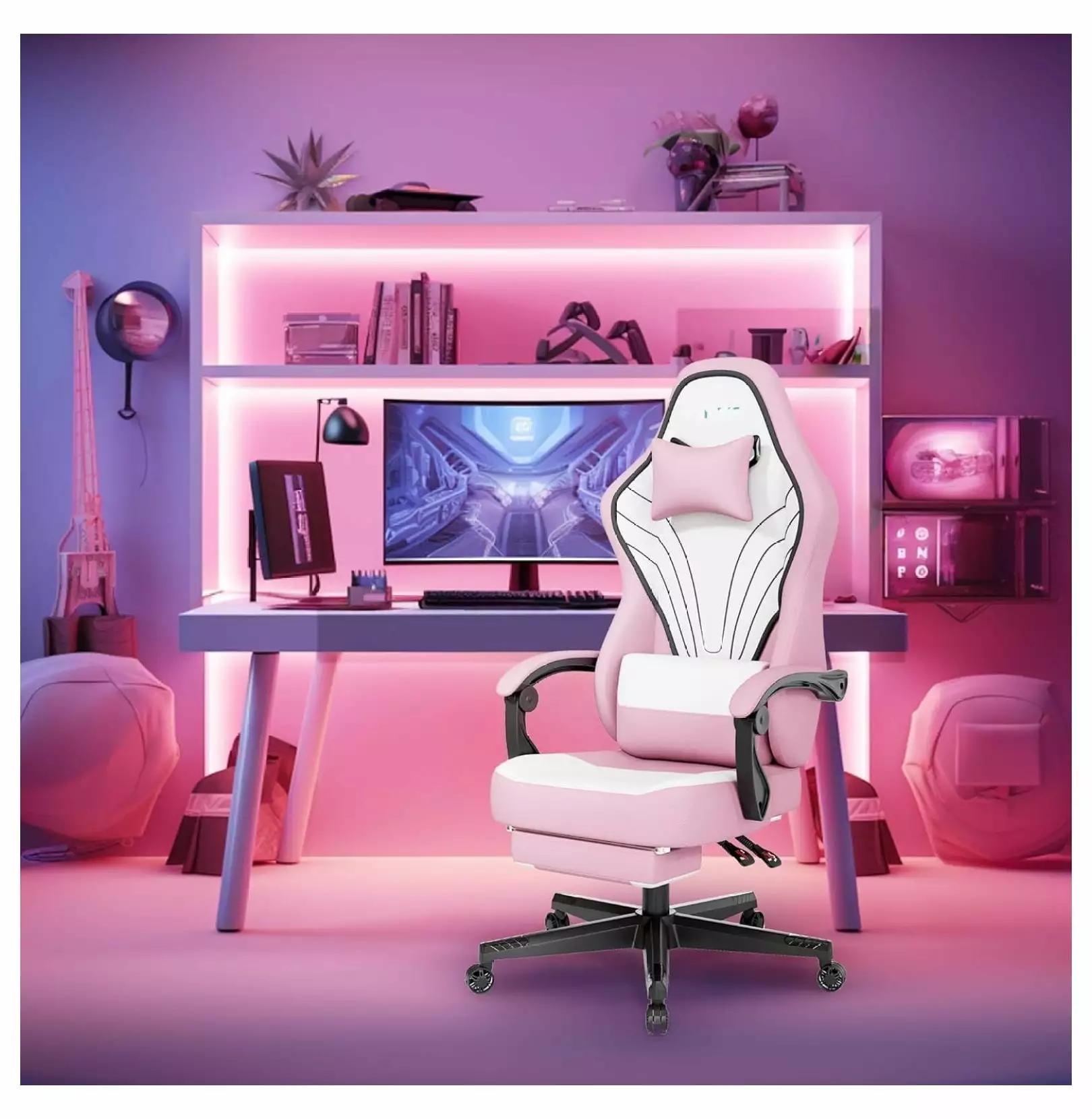 Keeomi Gaming Chair Footrest and Lumbar Support Ergonomic Big and Tall Office Chair Massage 360 Swivel Adjustable Height