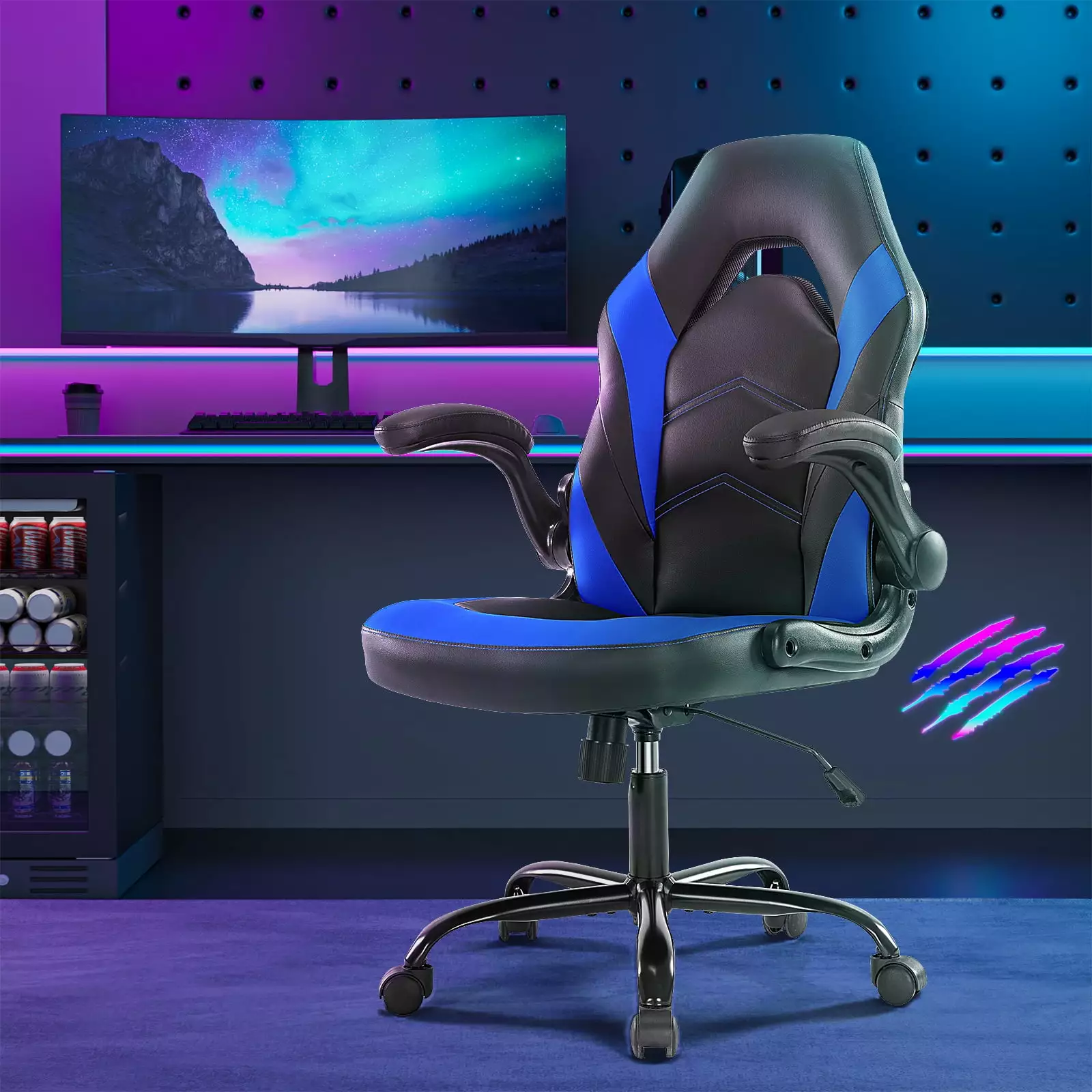 KPUY High-Back Gaming Office Chair Ergonomic PU Leather Racing Chair Lumbar Support and Flip-Up Armrests - Blue