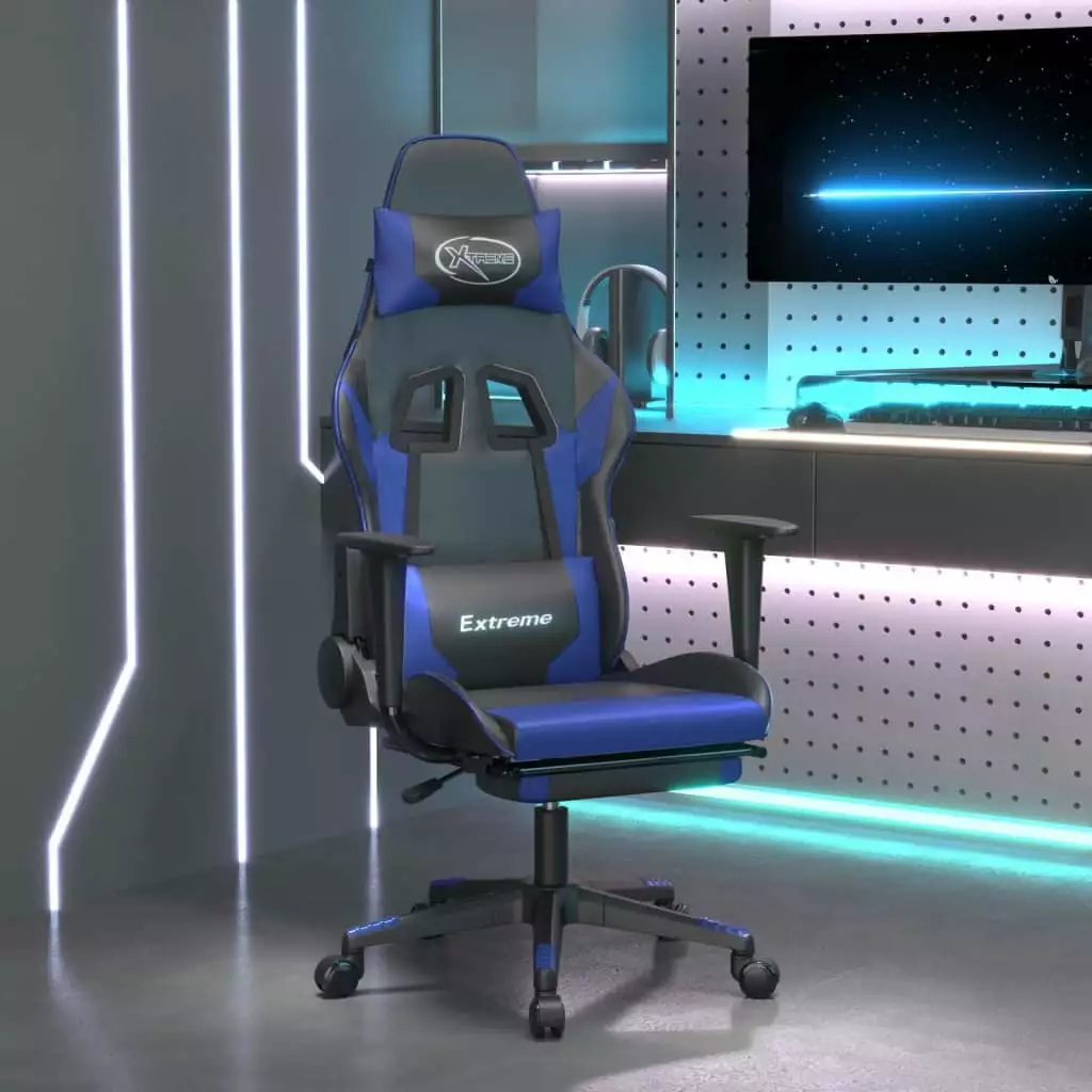 LANTRO JS Gaming Chair Footrest Black and Blue Faux Leather Ergonomic Office Chair