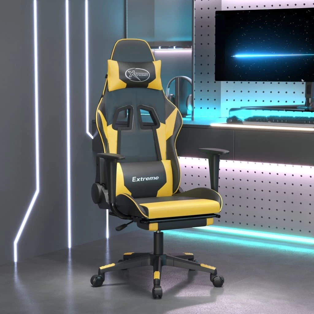 LANTRO JS Gaming Chair Footrest Black and Gold Faux Leather Ergonomic Office Chair