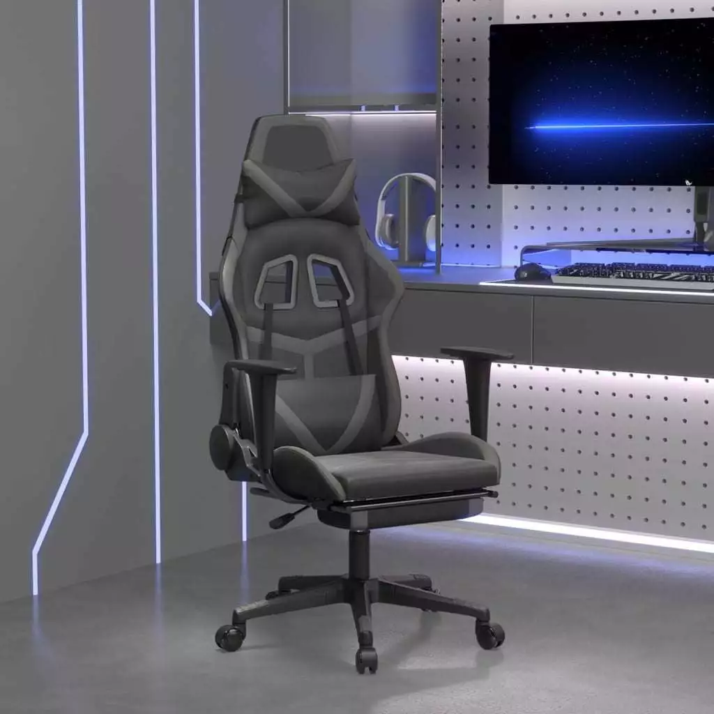 LANTRO JS Gaming Chair Footrest Black and Gray Faux Leather Ergonomic Office Chair