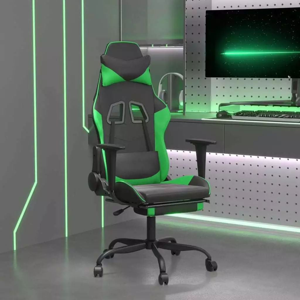 LANTRO JS Gaming Chair Footrest Black and Green Faux Leather Adjustable Swivel Chair