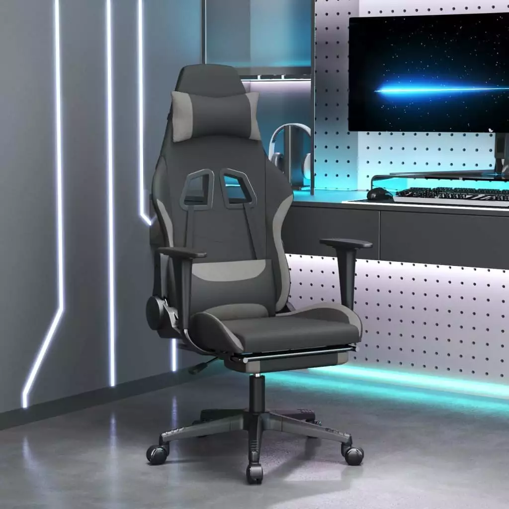 LANTRO JS Gaming Chair Footrest Black and Light Gray Fabric