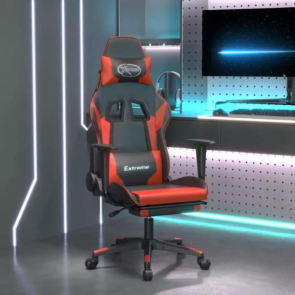 LANTRO JS Gaming Chair Footrest Black and Red Faux Leather Ergonomic Office Chair