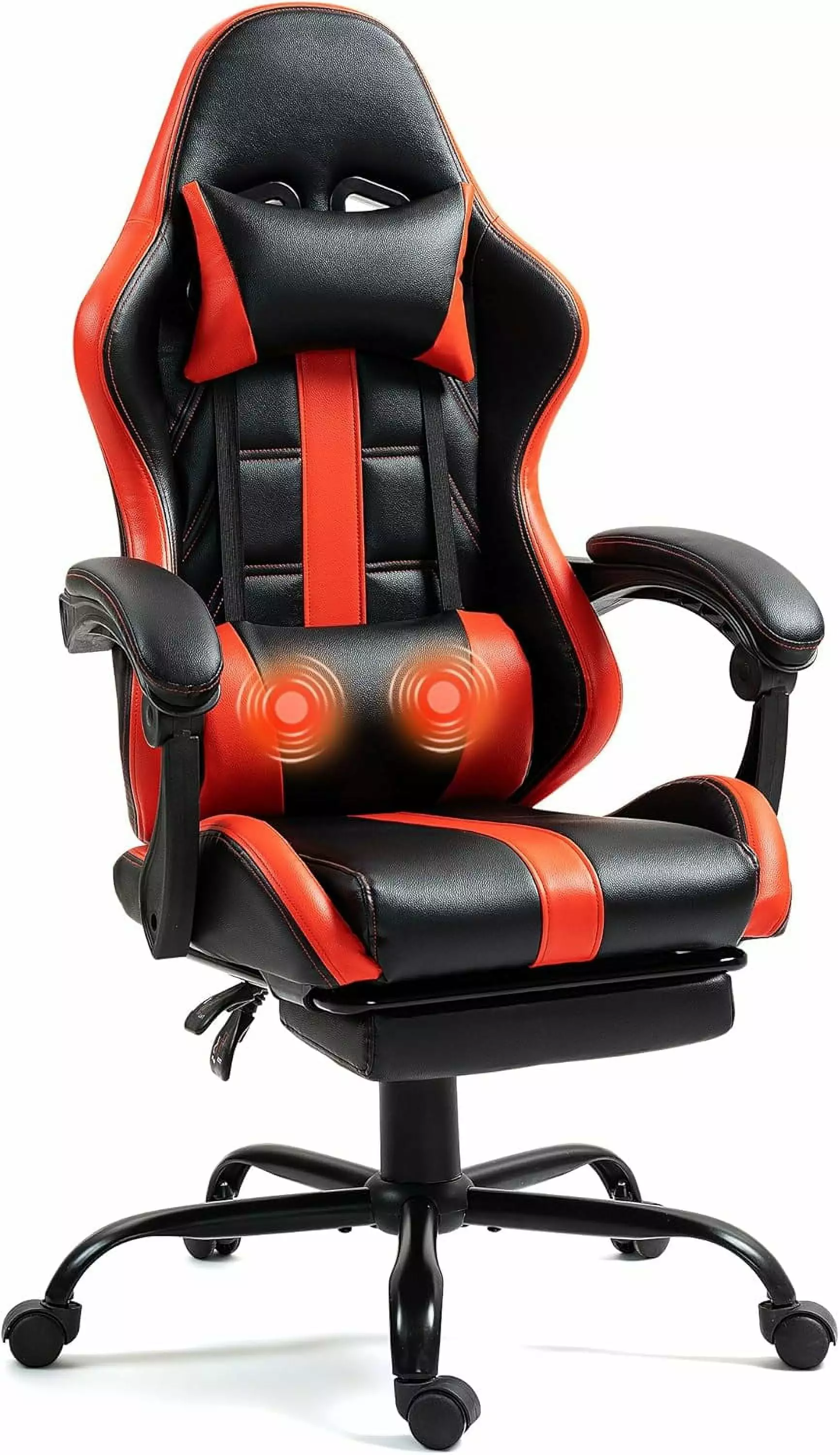 Red Massage Gaming Chair Footrest - Ergonomic PU Leather Computer Chair Headrest and Lumbar Support LHY