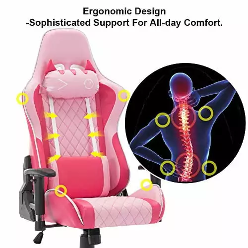 Cute Pink Gaming Chair Cat Headrest and Lumbar Pillow Ergonomic Reclining PC Chair Pink White NIGHT MOON