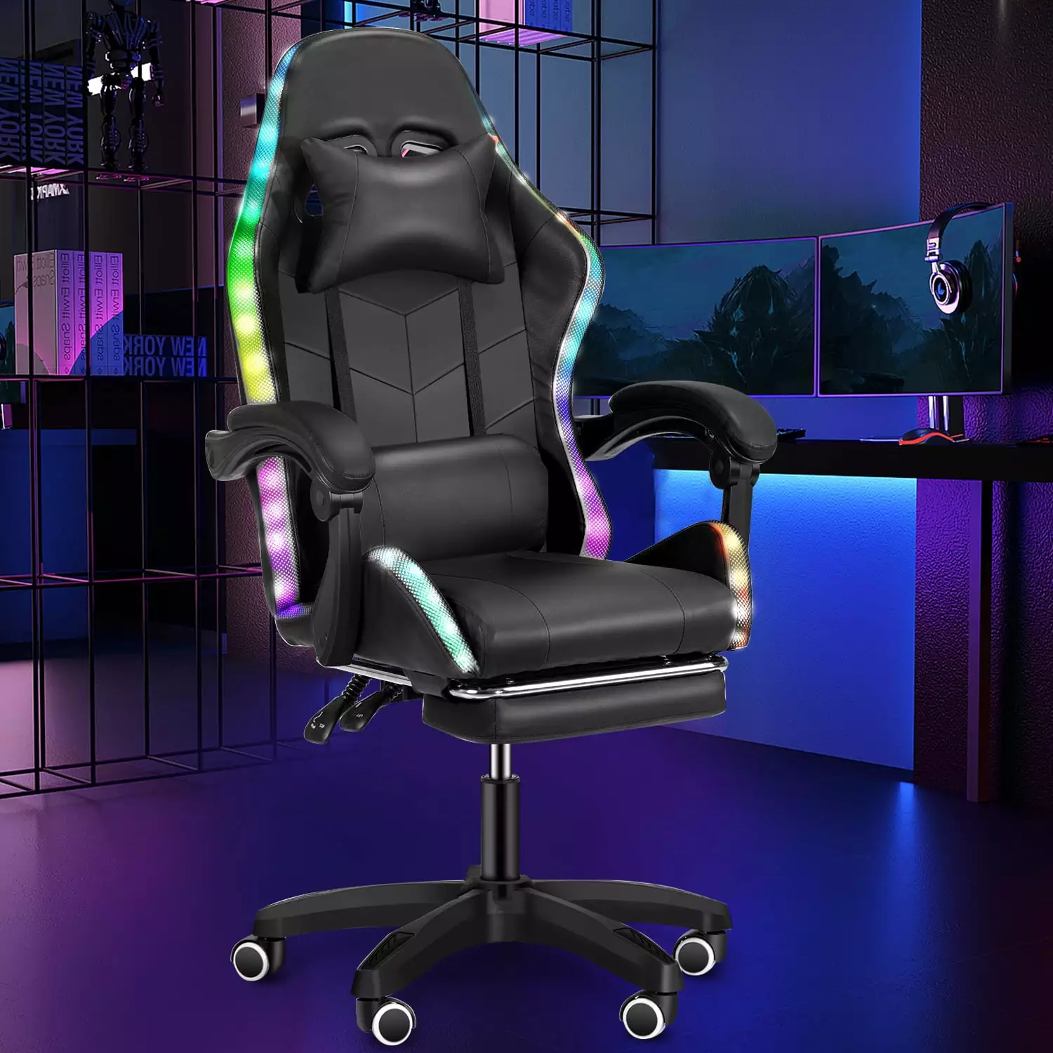 Gaming Chair Office Chair Footrest High Back Computer Chair Headrest Lumbar Support Ergonomic PU Leather RGB LED Lights Oy...
