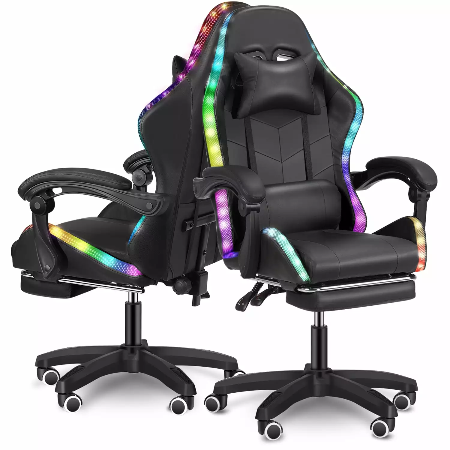 Oyajia Gaming Chair Office Chair PU Leather Footrest Adjustable Headrest Remote RGB LED Lights Black