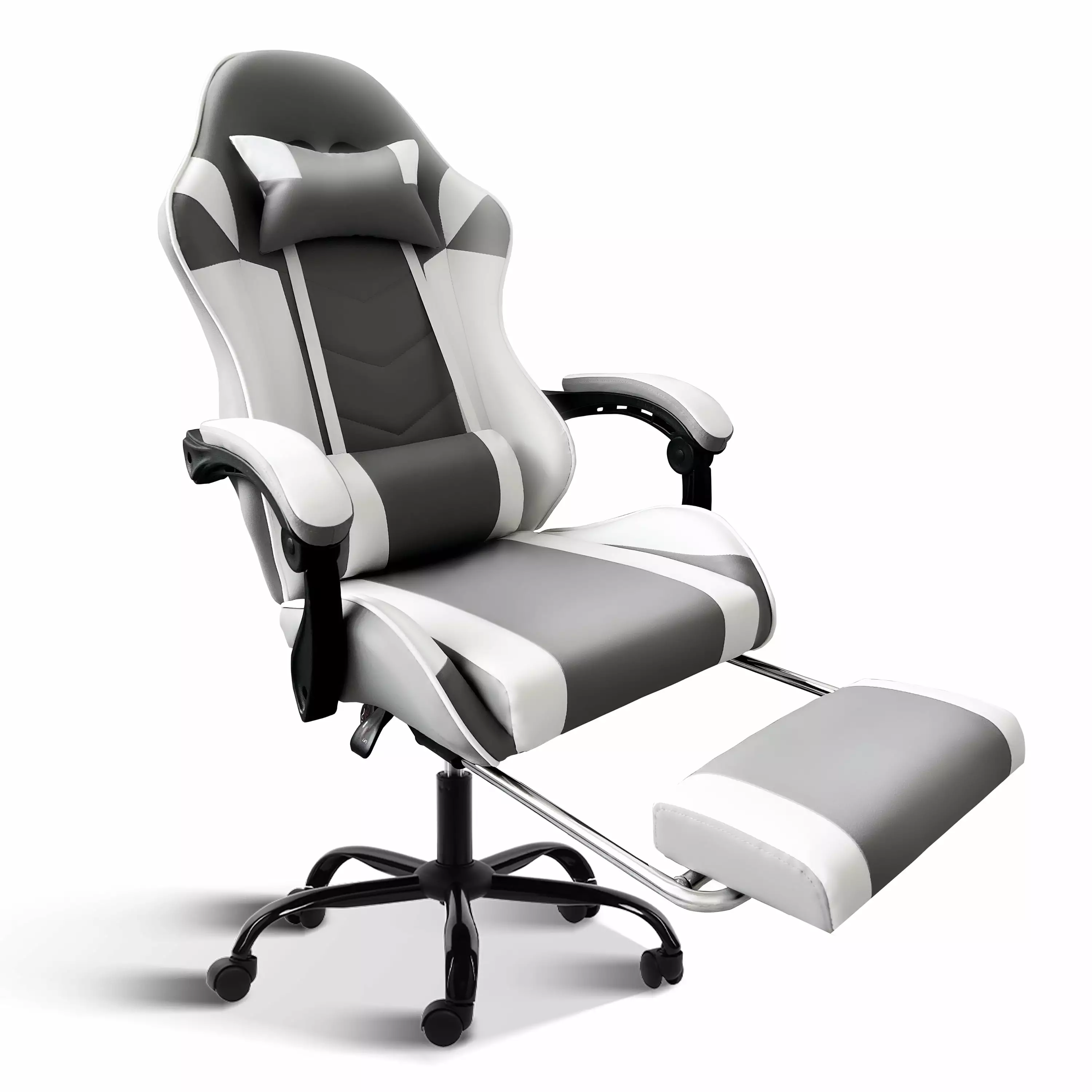 Swivel Gaming Chair Footrest - Massage Leather Game Chair Adults Headrest and Lumbar Support - White propulsion Life