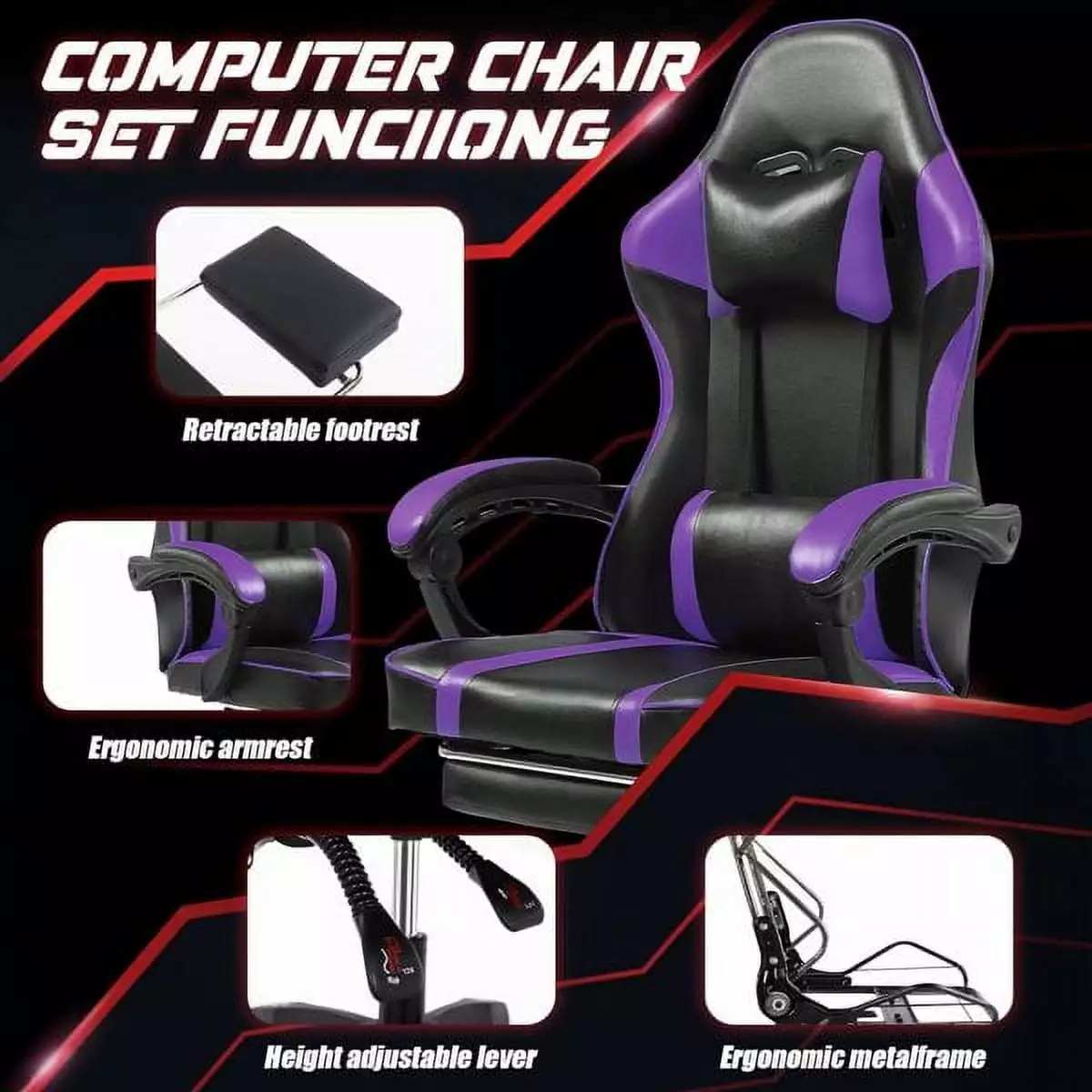 Video Game Chair Adults Kids Adjustable Lumbar Pillow Headrest Footrest Desk Chair sluting