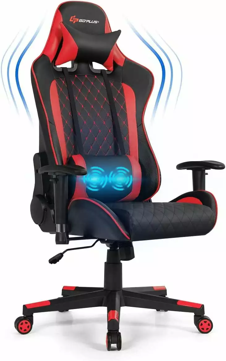 TOMEYE Gaming Chair Recliner Adjustable Armrest Massage Lumbar Pillow Wide Cushion Ergonomic Office Chair Red