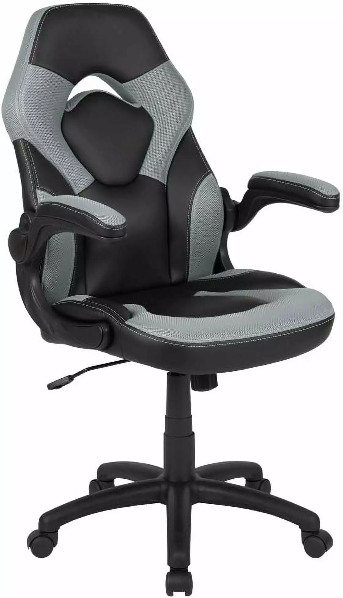 X10 High-Back Leathersoft Racing Style Gaming Chair Flip-Up Arms Ergonomic Padded Swivel Computer Chair Gray Black TRAHOO