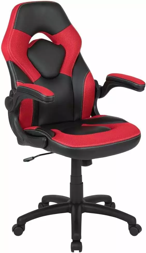 X10 High-Back Leathersoft Racing Style Gaming Chair Flip-Up Arms Ergonomic Padded Swivel Computer Chair Red Black TRAHOO