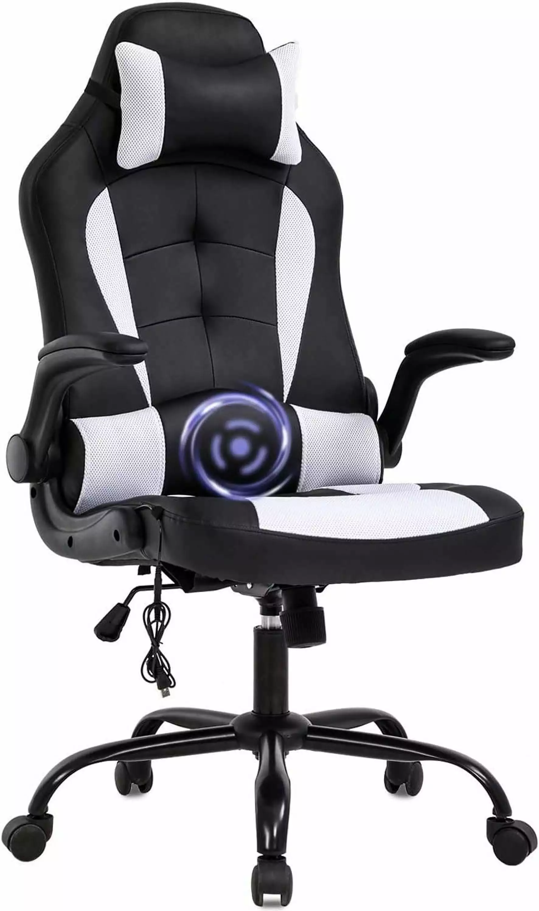 White Gaming Chair Ergonomic Racing Heavy Duty Office Chair Massage Function and Flip Up Arms TTY Store