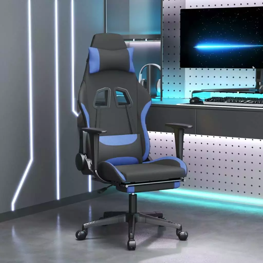 Black Blue Fabric vidaXL Gaming Chair Footrest Ergonomic Computer Office Desk Chair