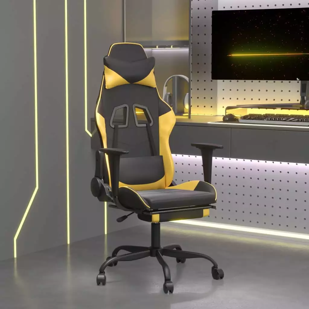 vidaXL Gaming Chair Footrest Black and Gold Faux Leather Ergonomic Office Chair