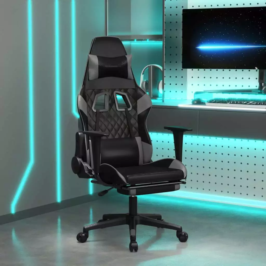vidaXL Gaming Chair Footrest Black and Gray Faux Leather Gamers