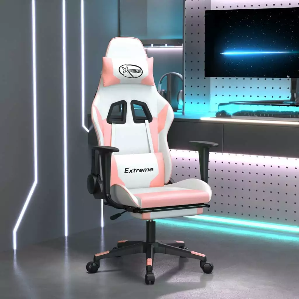 vidaXL Gaming Chair Footrest White and Pink Faux Leather Gamers