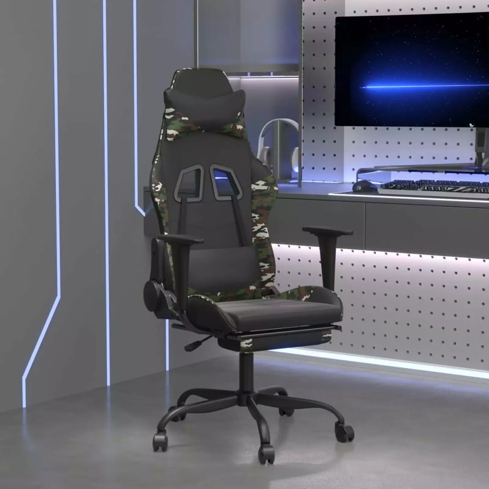 Walmeck Gaming Chair Footrest Black and Camouflage Faux Leather