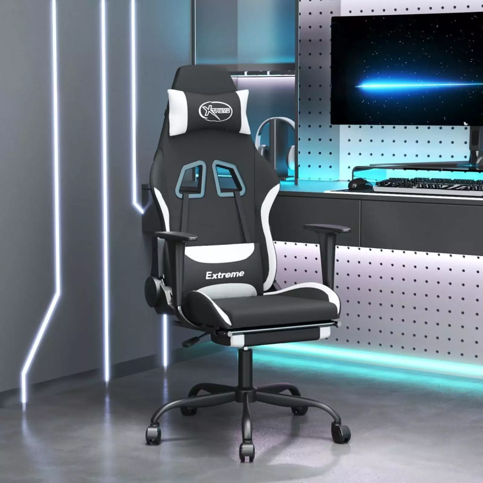 Walmeck Gaming Chair Footrest Black and White Fabric Ergonomic Computer Chair