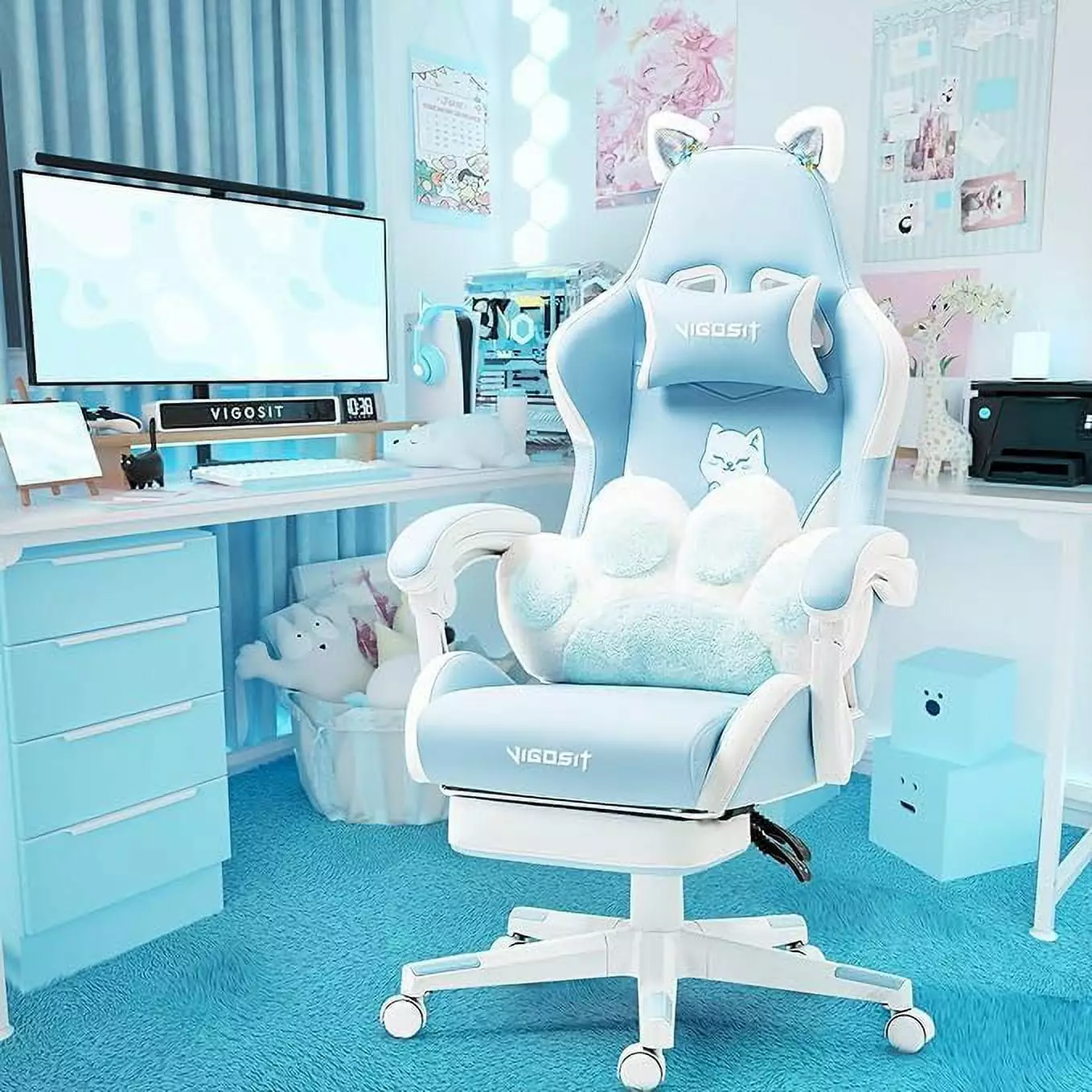 Cute Gaming Chair Cat Paw Lumbar Cushion and Ears - Ergonomic Computer Chair Footrest - Reclining PC Game Chair Girls and ...