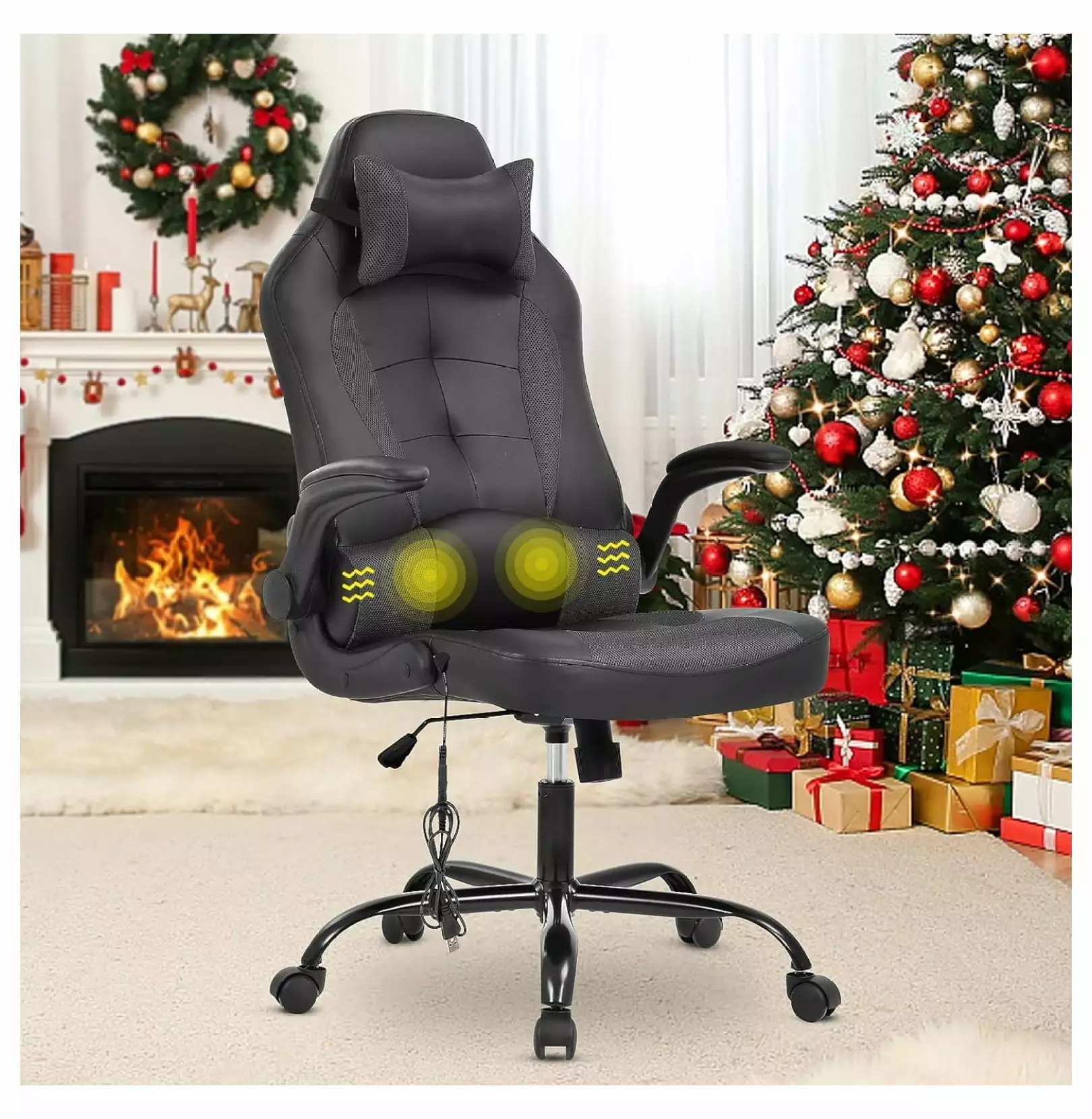 Grey Gaming Chair Ergonomic Office Video Game Chair Massage PU Leather Computer Chair Adjustable Swivel Lumbar Support Hea...