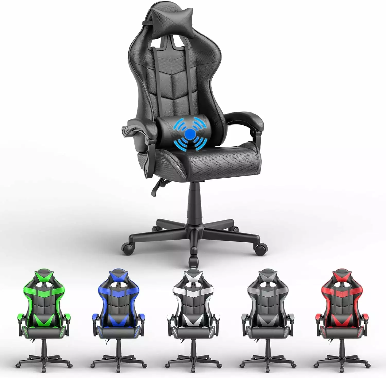 Dark Black Gaming Chair Massage Lumbar Support Headrest Height Adjustment Big and Tall High Back Rolling Gamer Chair WRP