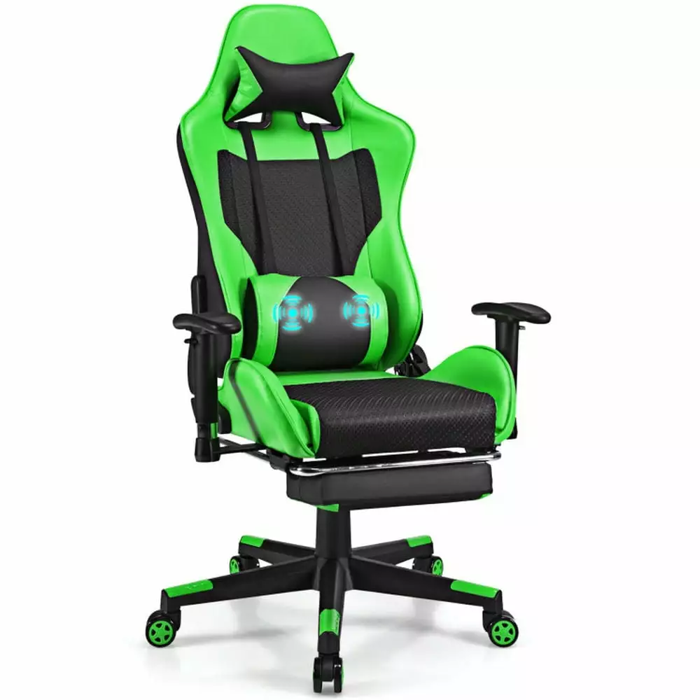 Yardi Yard PU Leather Gaming Chair USB Massage Lumbar Pillow and Footrest - Green Office Gaming Chair