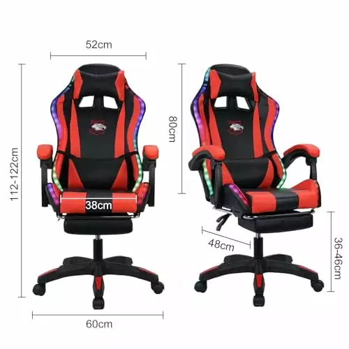 Black and Red Ergonomic Gaming Chair Bluetooth Speakers and LED RGB Lights - 360 Degree Swivel Video Gaming Chair Yuexing