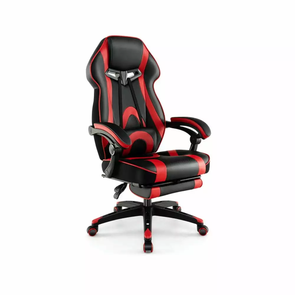 YYAo Ergonomic Gaming Chair Racing Style Footrest and Adjustable Lumbar Pillow Red