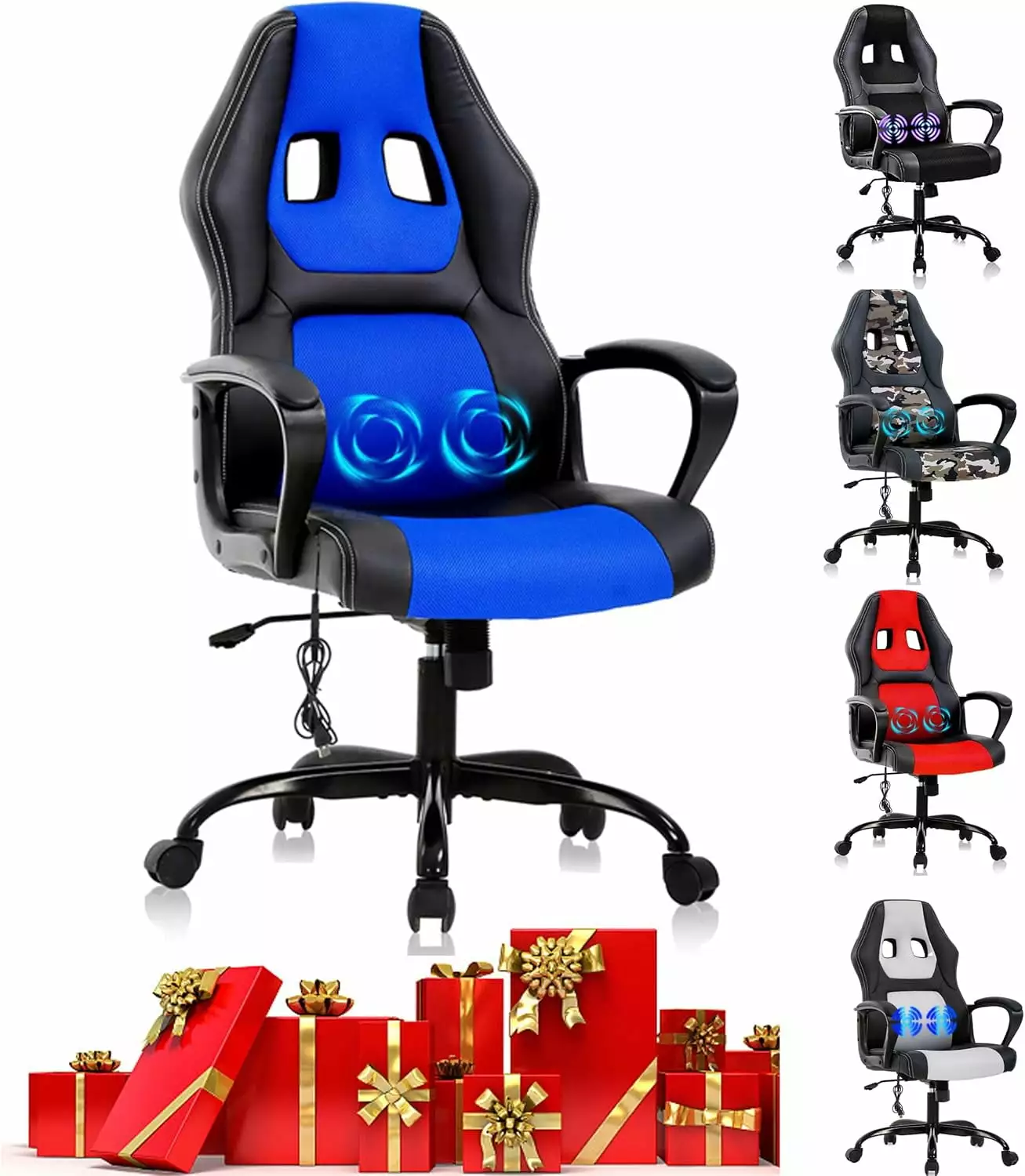 Blue PC Gaming Chair Massage Office Chair Ergonomic High Back Adjustable PU Leather Racing Chair Lumbar Support YZD