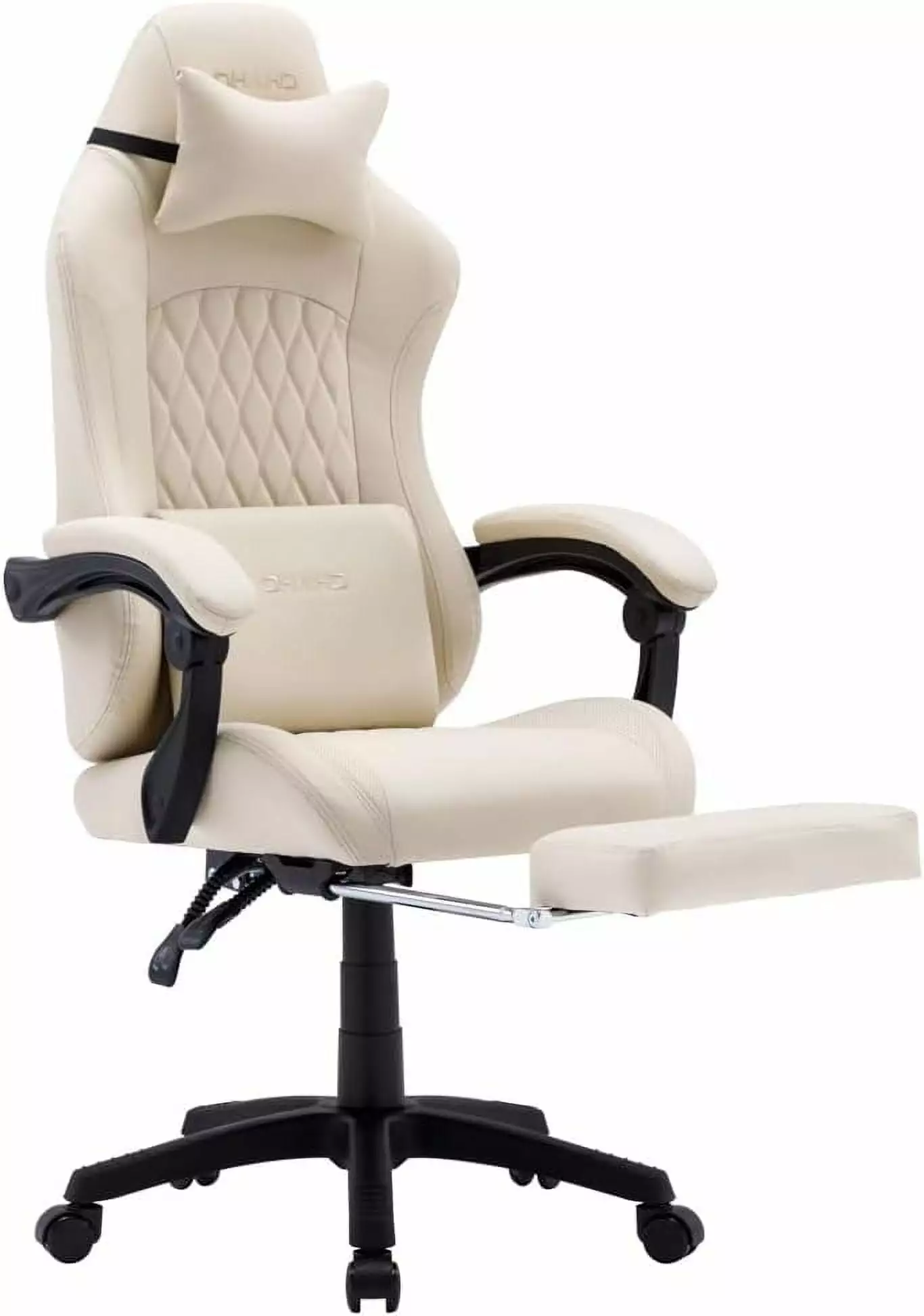 Beige Gaming Chair Footrest and Lumbar Support - 360 Swivel Height Adjustable Office Game Chair ZHJG