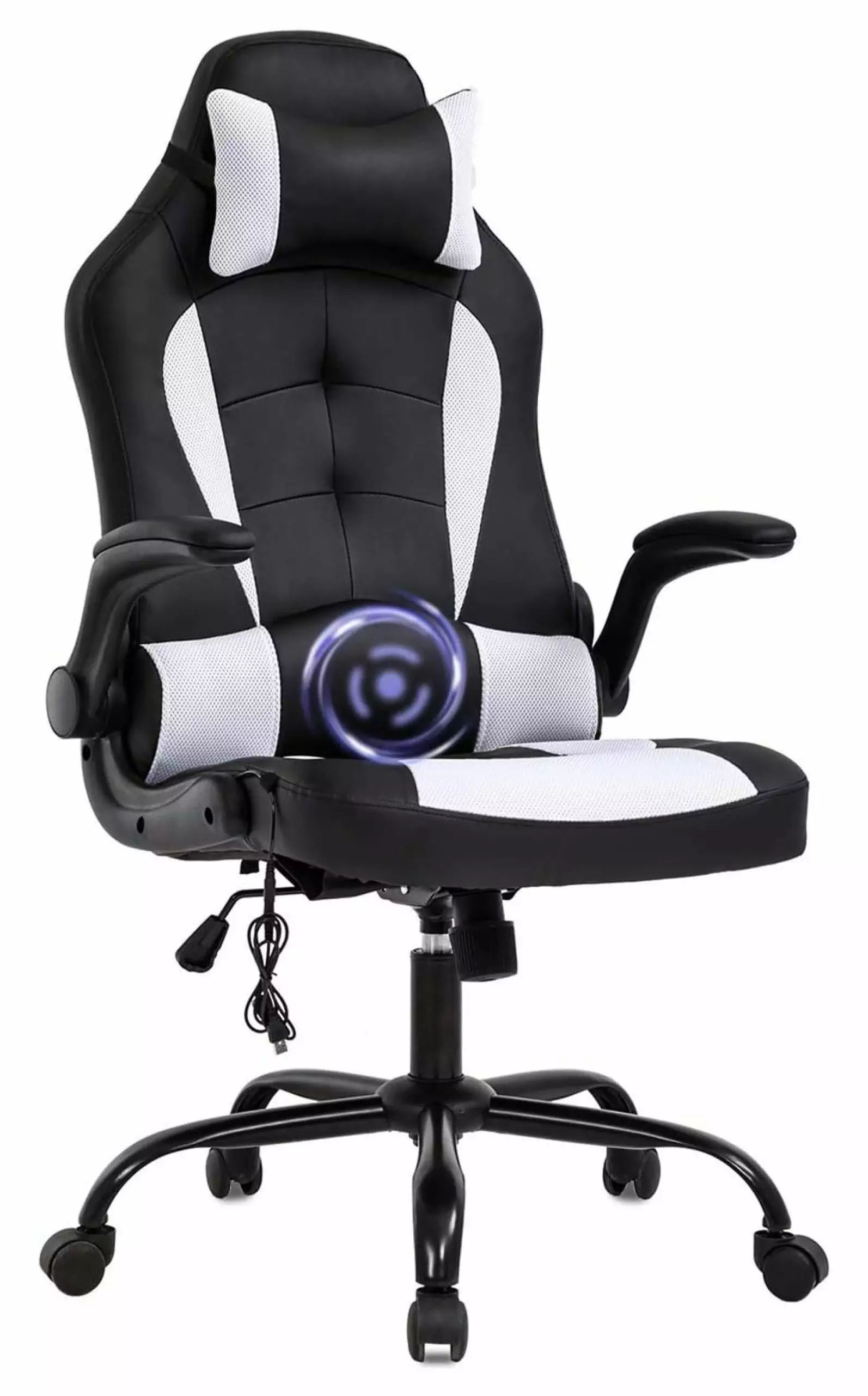 White PC Gaming Chair Ergonomic Racing Heavy Duty Office Video Game Chair Massage Function Lumbar Support Arms Headrest Ad...