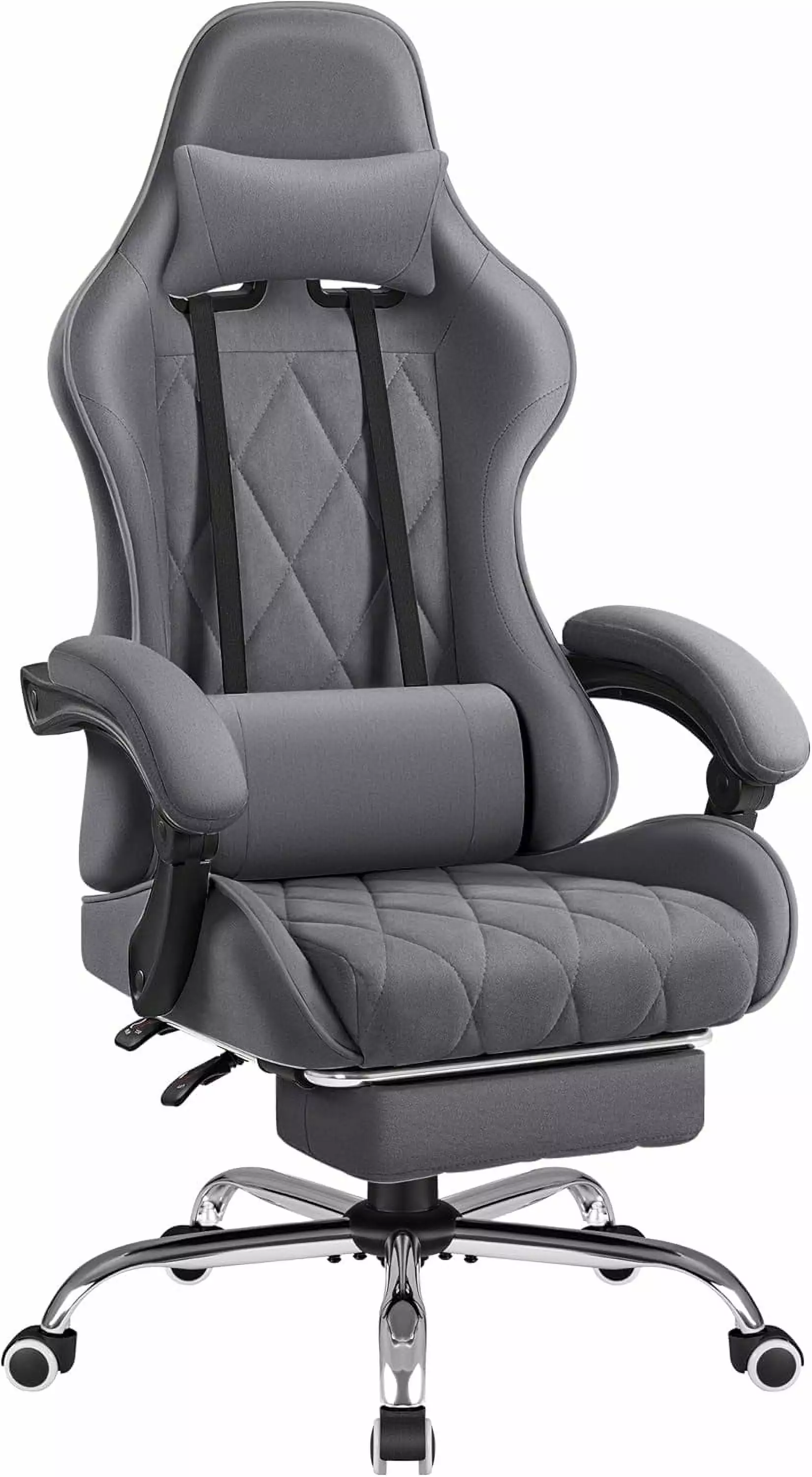 Breathable Fabric Gaming Chair Footrest Massage Lumbar Support Grey ZJ