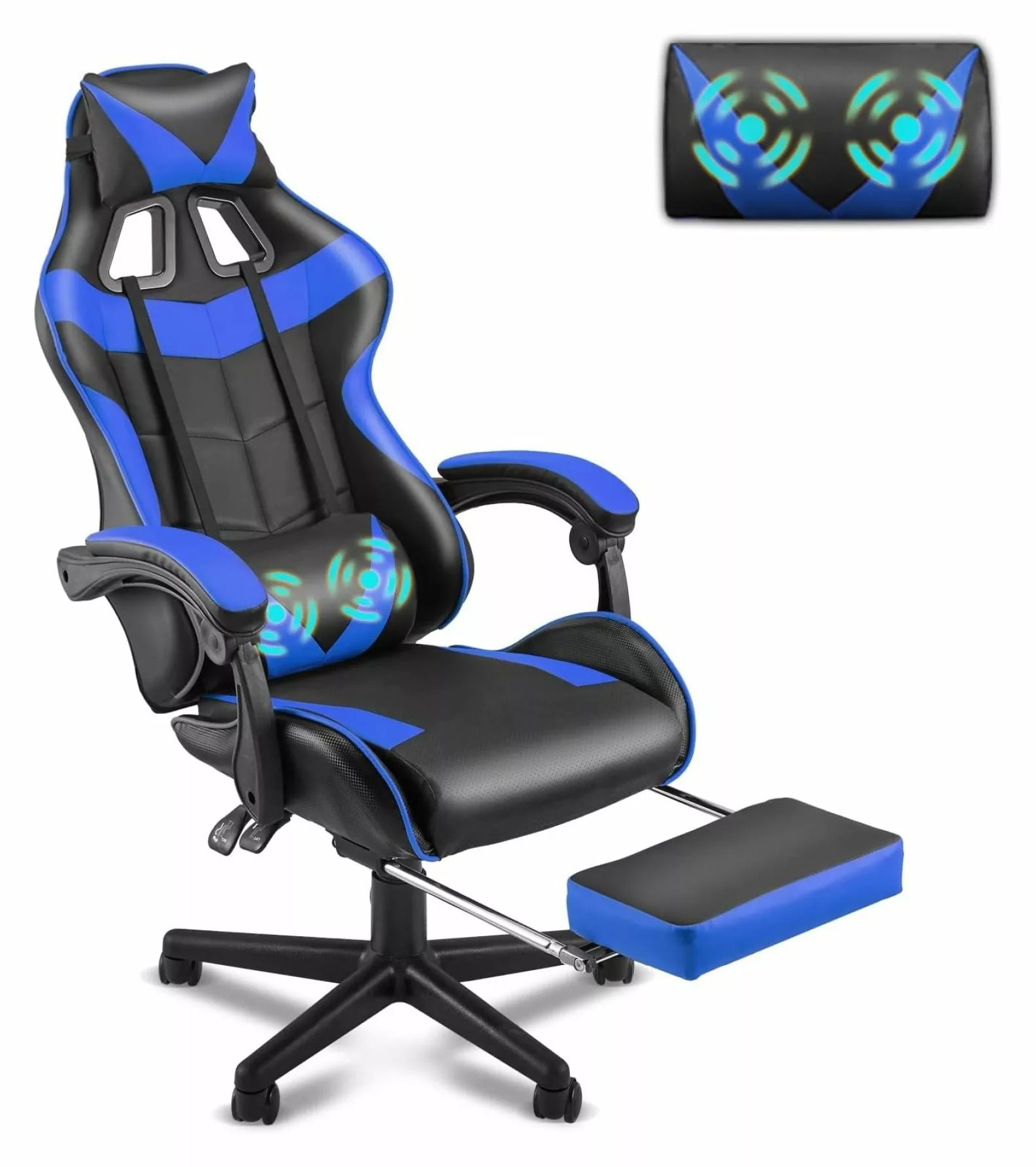 ZZYY Gaming Chair Footrest Ergonomic Computer Office Chair Height Adjustable Headrest Lumbar Support Storm Blue