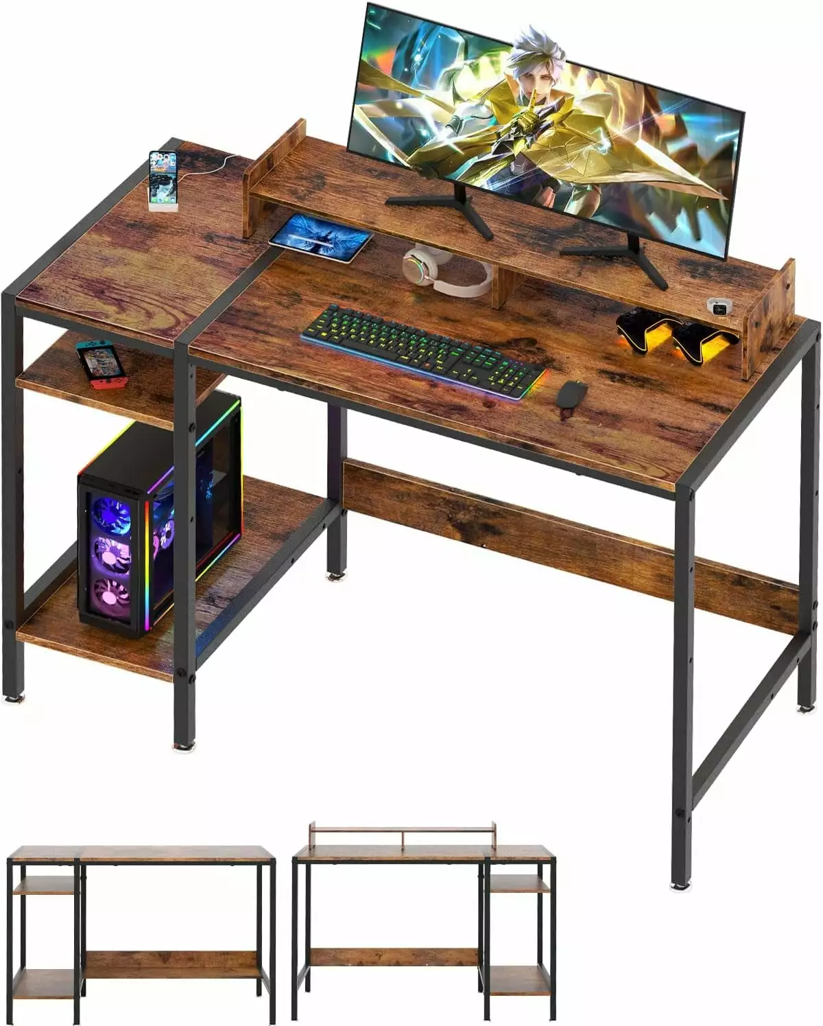 Computer Desk - 39 Gaming Desk Monitor Stand and Adjustable Storage - Rustic Black A&A Manufacturing