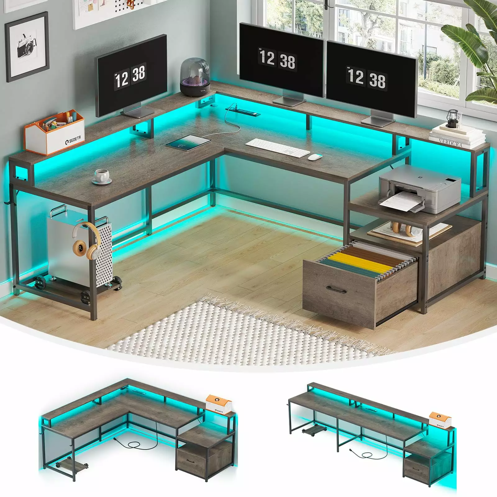 66 Home Office Desk File Drawer Power Outlet Gaming Desk LED Lights Walnut AOGLLATI
